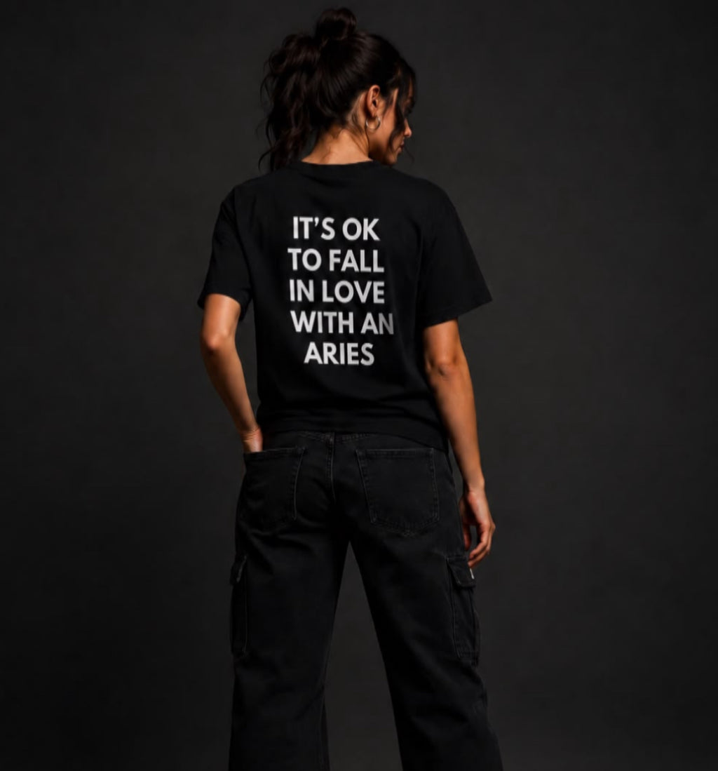 Aries Zodiac Tee — "It's OK to Fall in Love with an Aries" Graphic T-Shirt