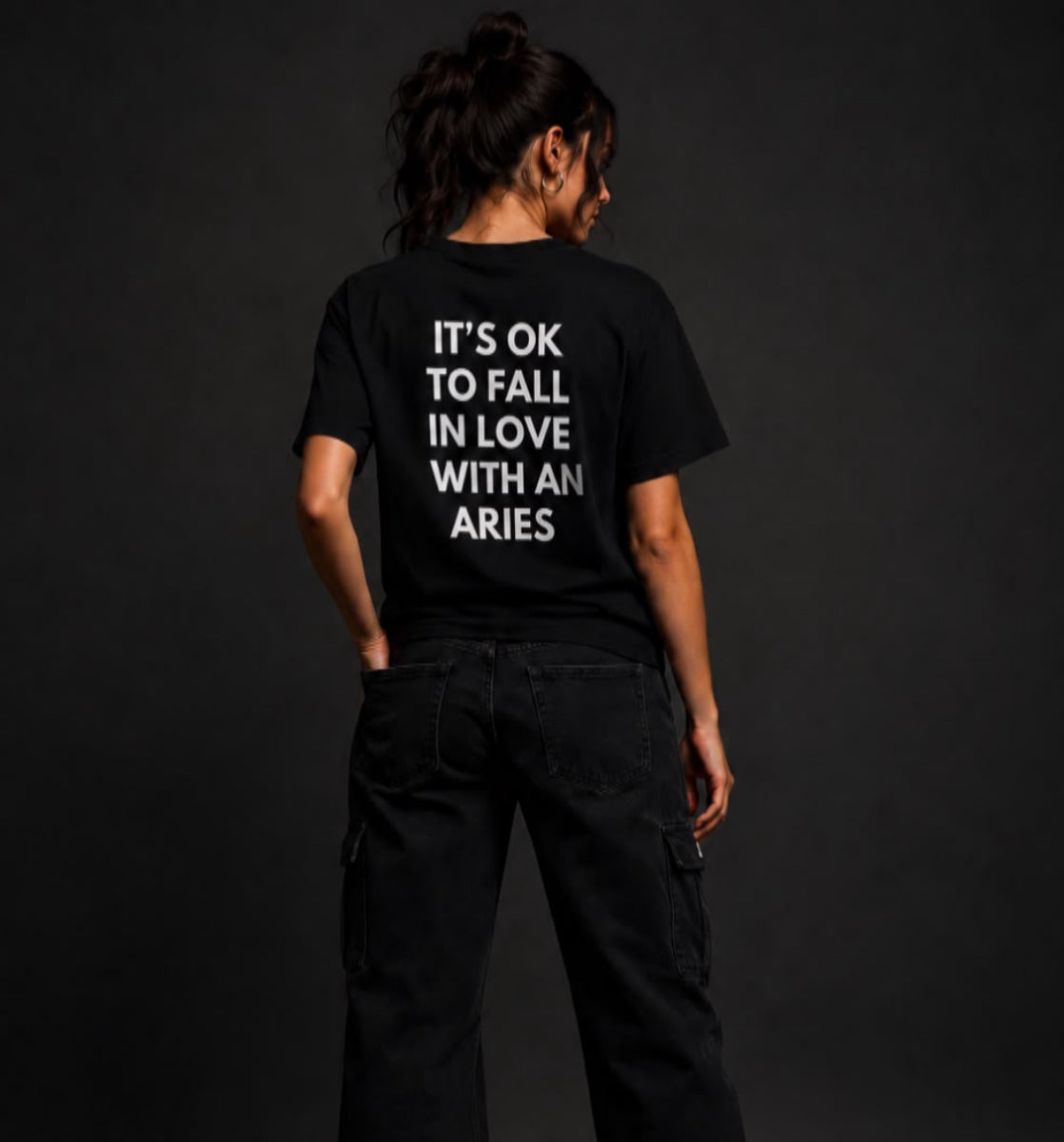 Aries Zodiac Tee — "It's OK to Fall in Love with an Aries" Graphic T-Shirt